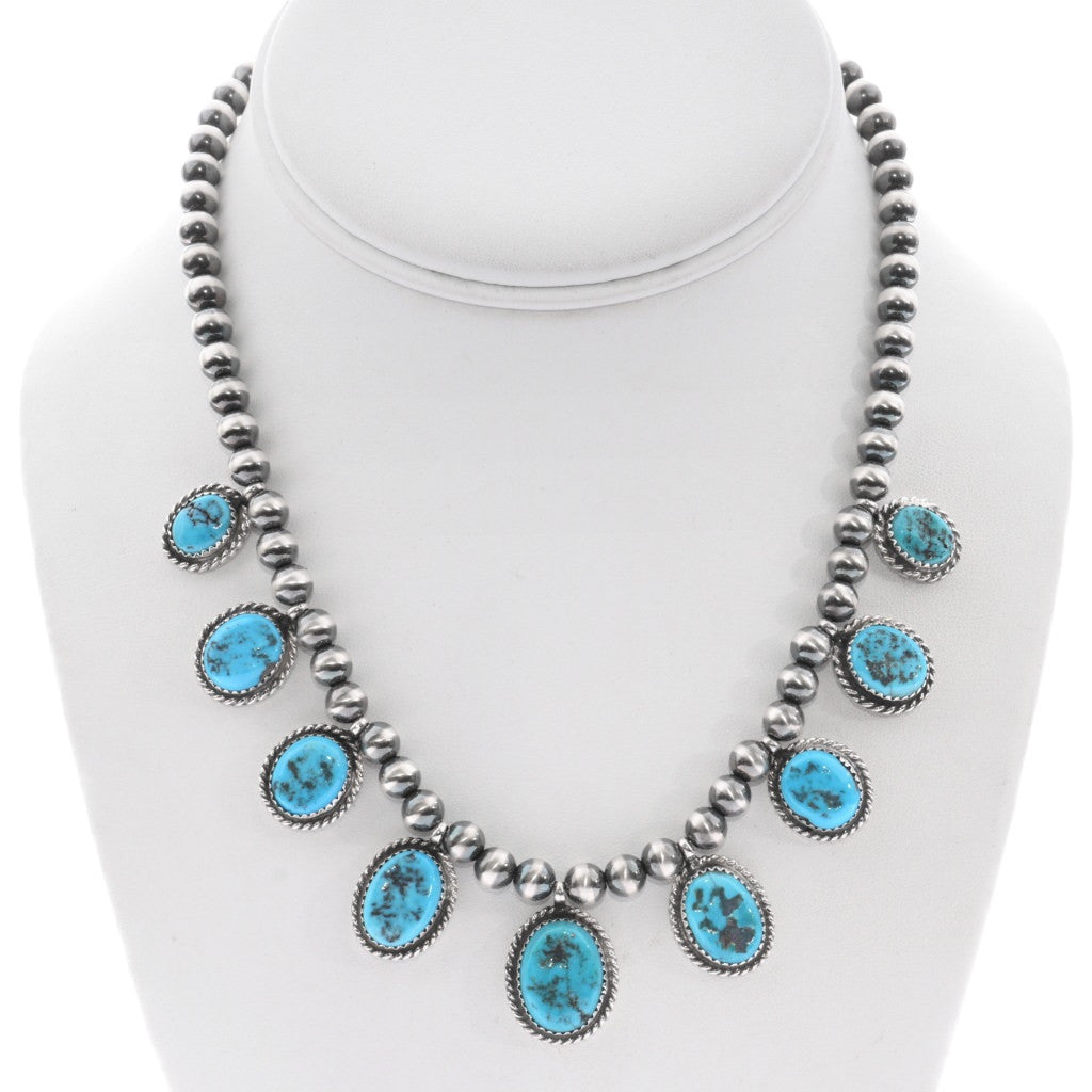 Kingman Turquoise and Sterling Silver Pearl Choker Necklace