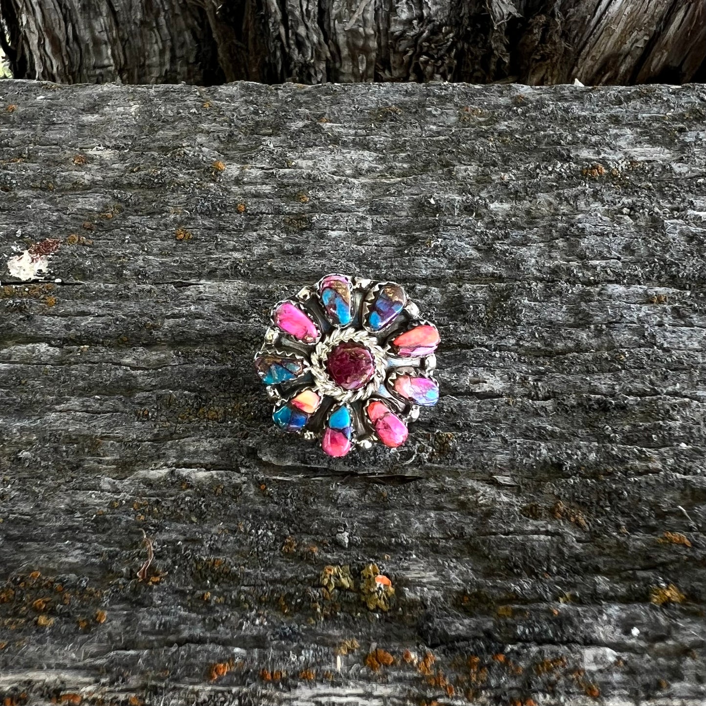 Pink Dahlia + Sterling Adjustable Cluster Rng