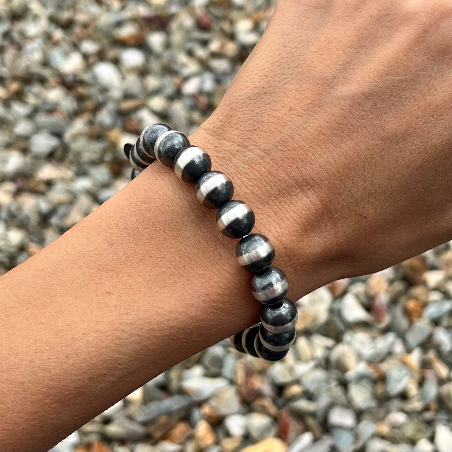 10mm Sterling Silver Stretchy Beaded Cuff