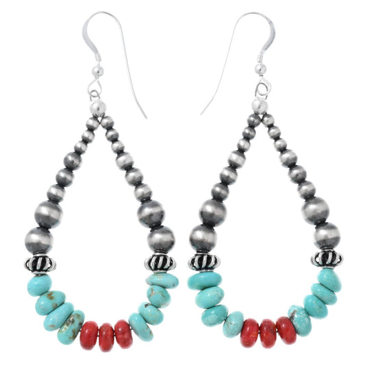 Turquoise, Red Coral & Sterling Silver Beaded Teardrop Hoop Earrings