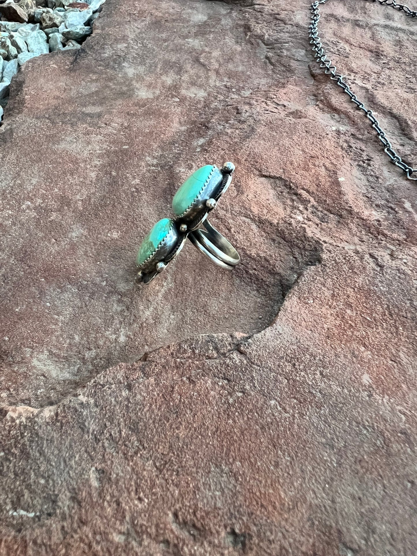 Adjustable 2-Stone Handmade Turquoise and Sterling Ring