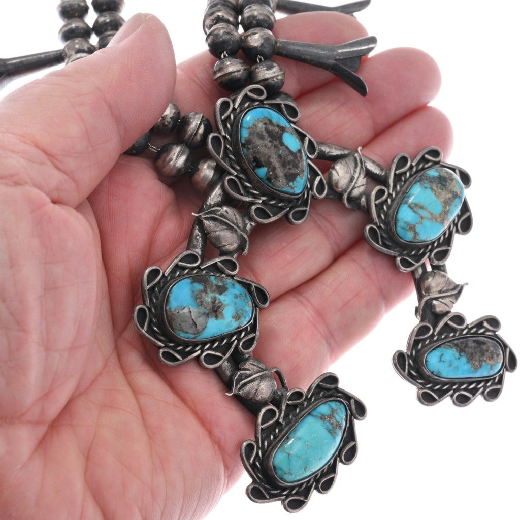 Vintage Navajo Sterling Silver + Turquoise Squash Blossom Necklace