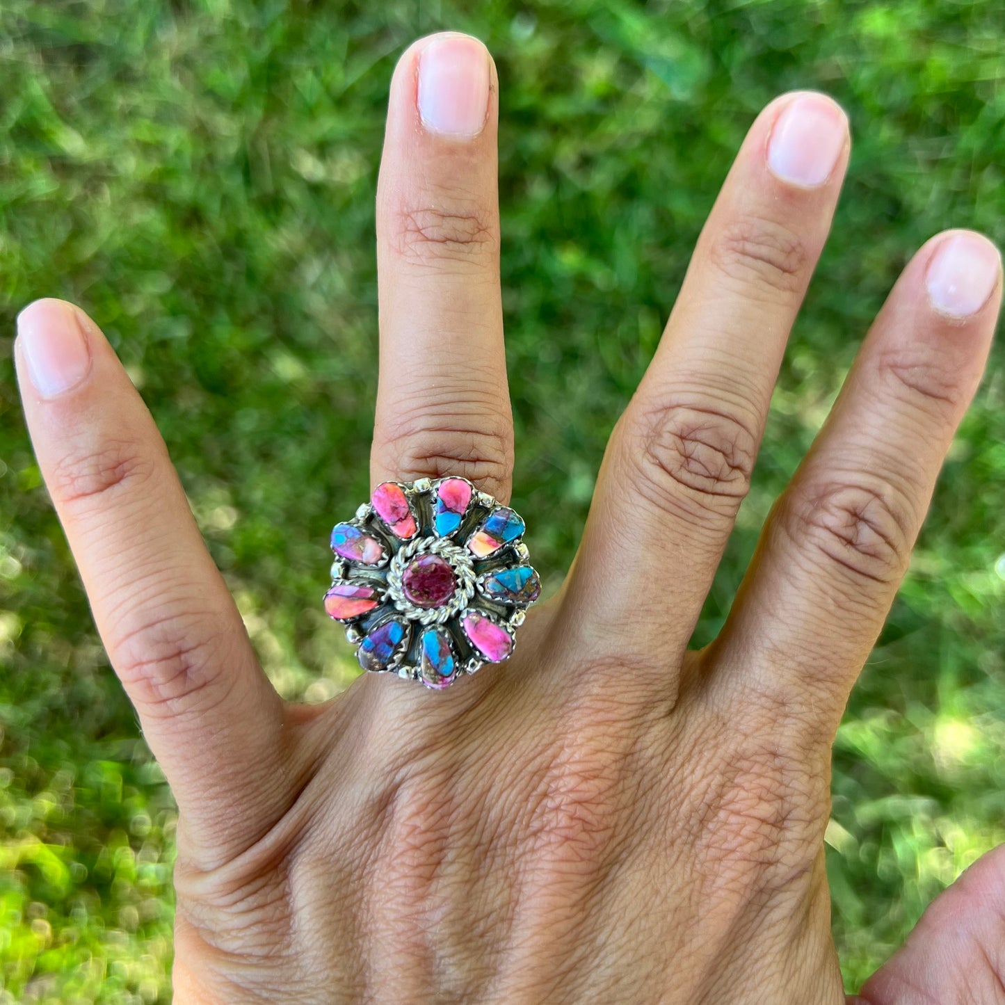 Pink Dahlia + Sterling Adjustable Cluster Rng