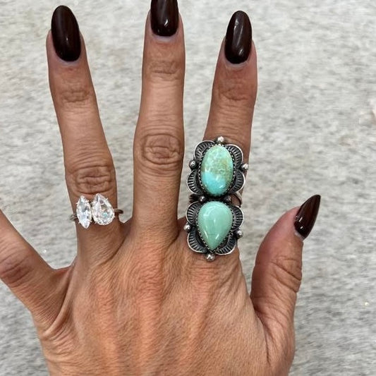 Adjustable 2-Stone Handmade Turquoise and Sterling Ring