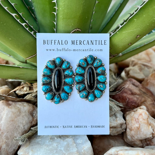 Turquoise and Onyx Navajo Cluster Earrings