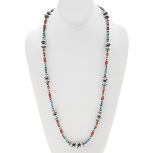Multi-Stone + Silver Pearl Necklace 29”