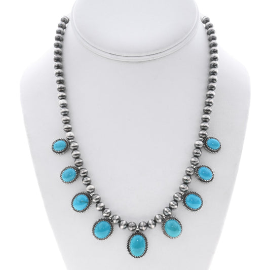 Sleeping Beauty Turquoise and Sterling Silver Pearl Choker Necklace