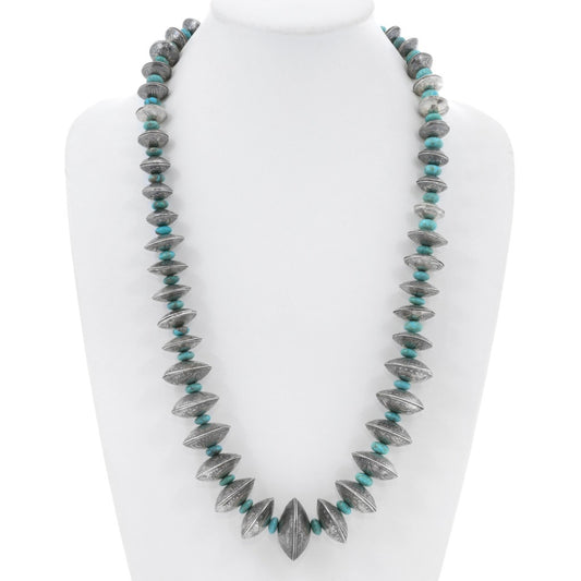28” Native Made Silver Coin + Turquoise Bead Necklace