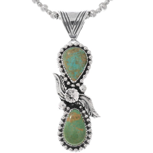 Double Stone Turquoise and Floral Sterling Pendant