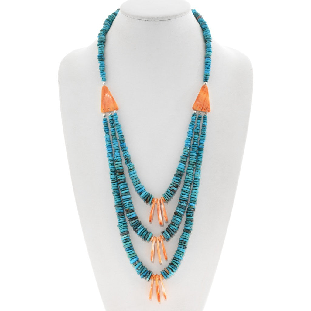 Hand Beaded 3 Strand Turquoise and Orange Spiny Necklace