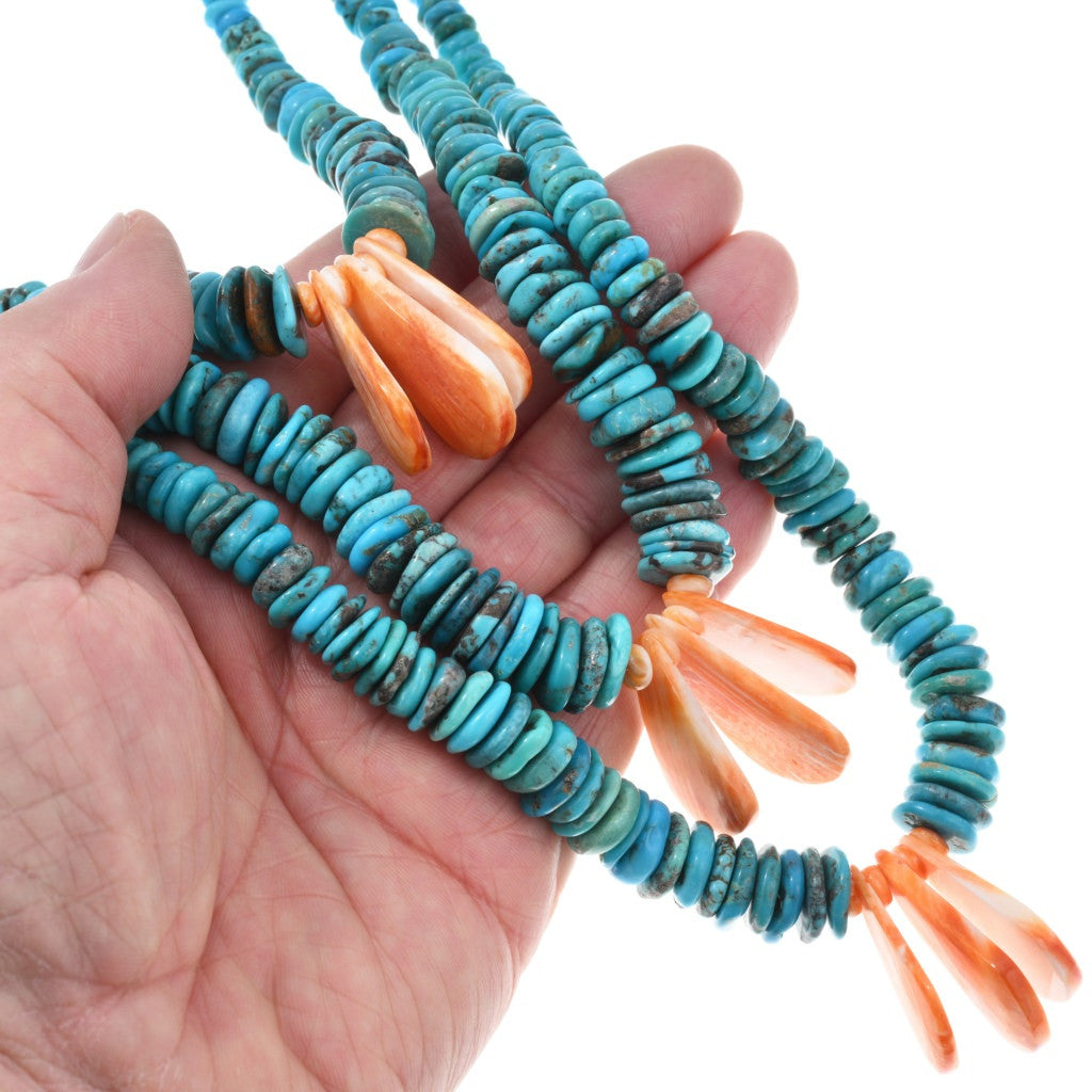 Hand Beaded 3 Strand Turquoise and Orange Spiny Necklace