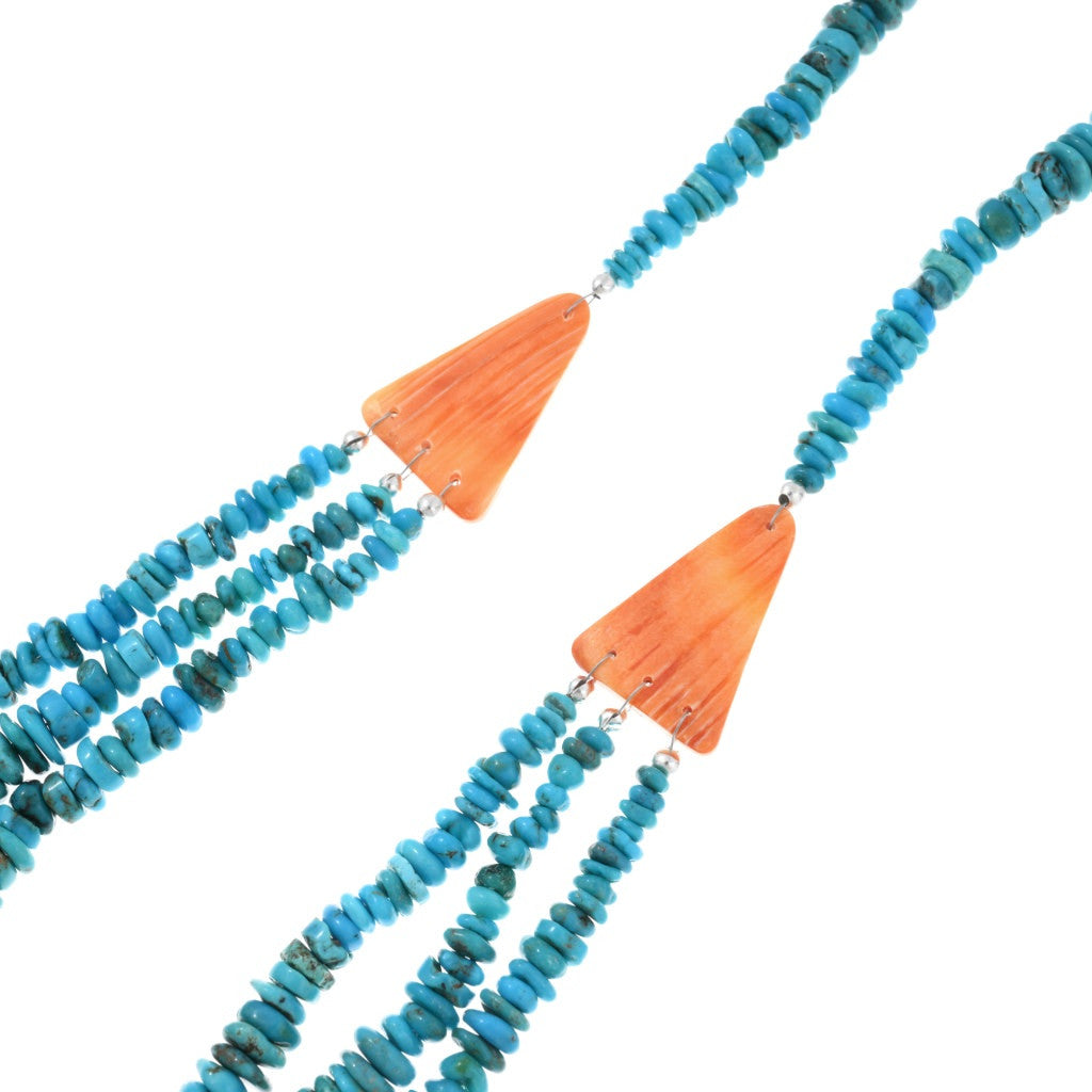 Hand Beaded 3 Strand Turquoise and Orange Spiny Necklace