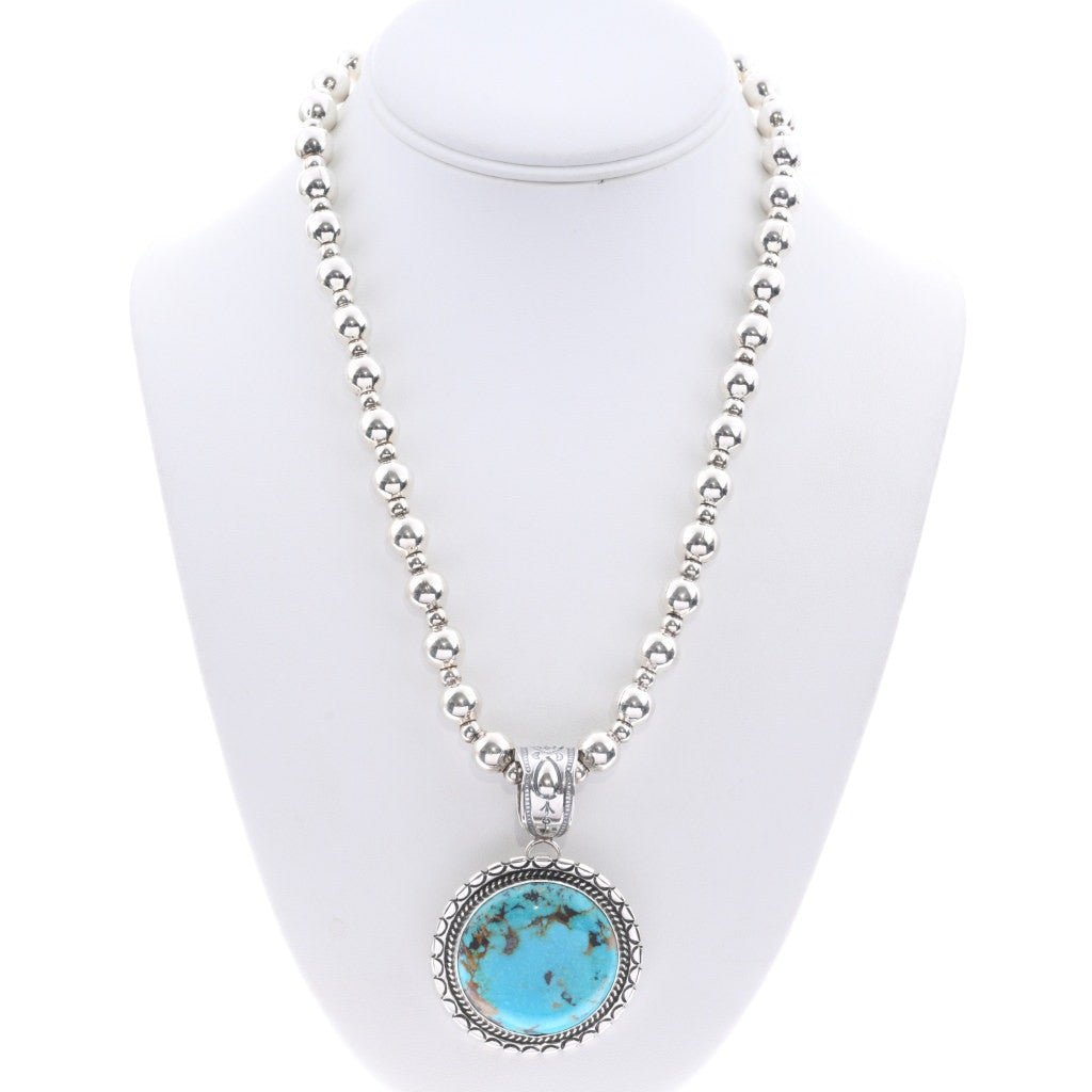 Kingman + Sterling Silver Handmade Pendant w/ Beaded Necklace