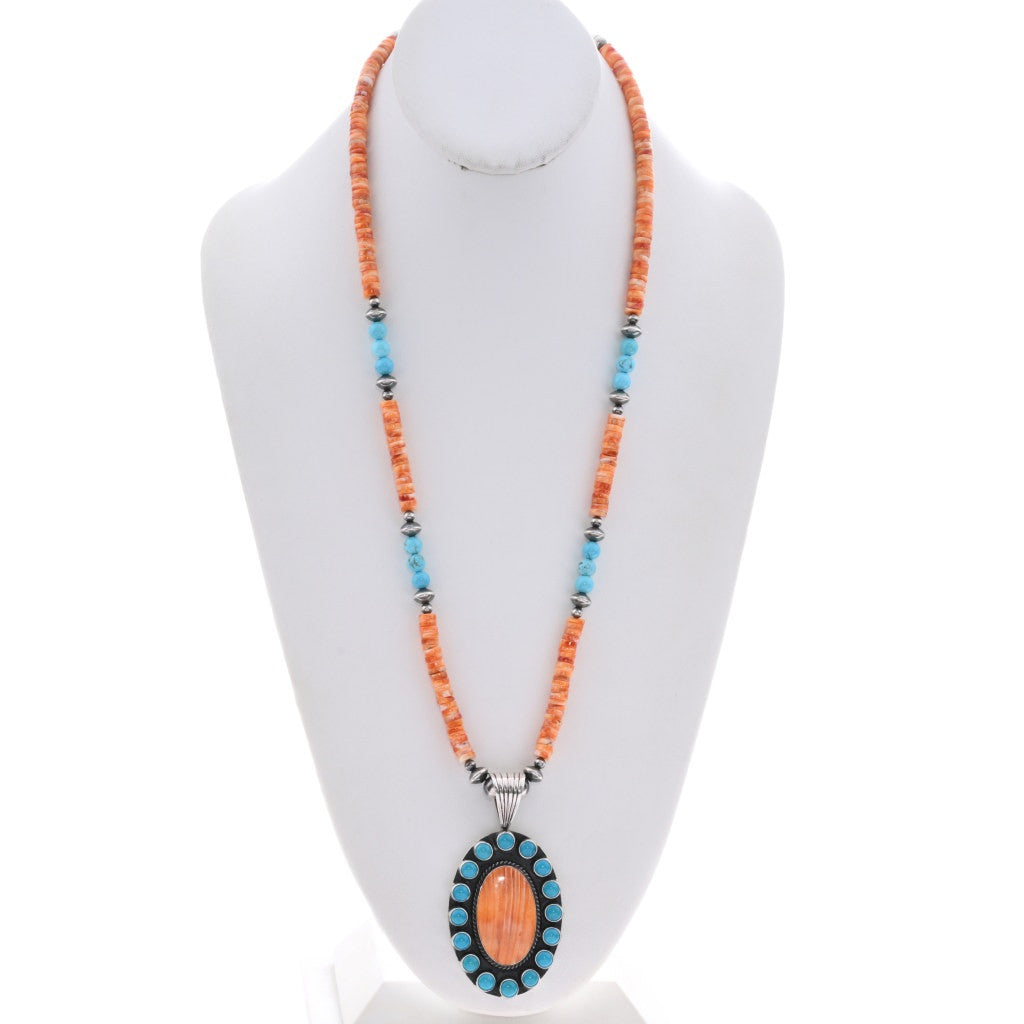 Orange Spiny + Turquoise Navajo Beaded Necklace