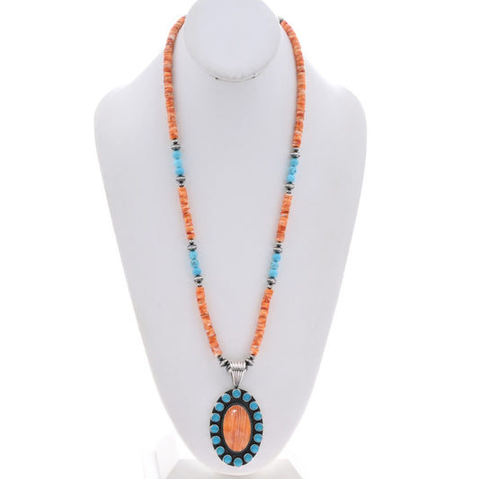 Orange Spiny + Turquoise Navajo Beaded Necklace