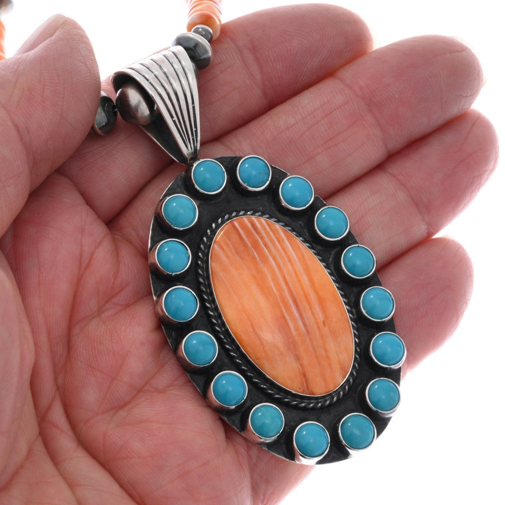 Orange Spiny + Turquoise Navajo Beaded Necklace