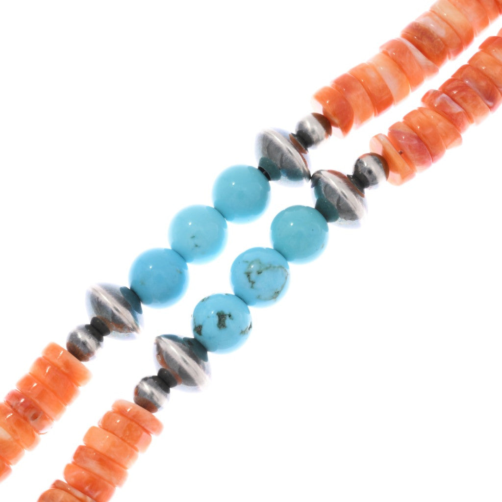 Orange Spiny + Turquoise Navajo Beaded Necklace