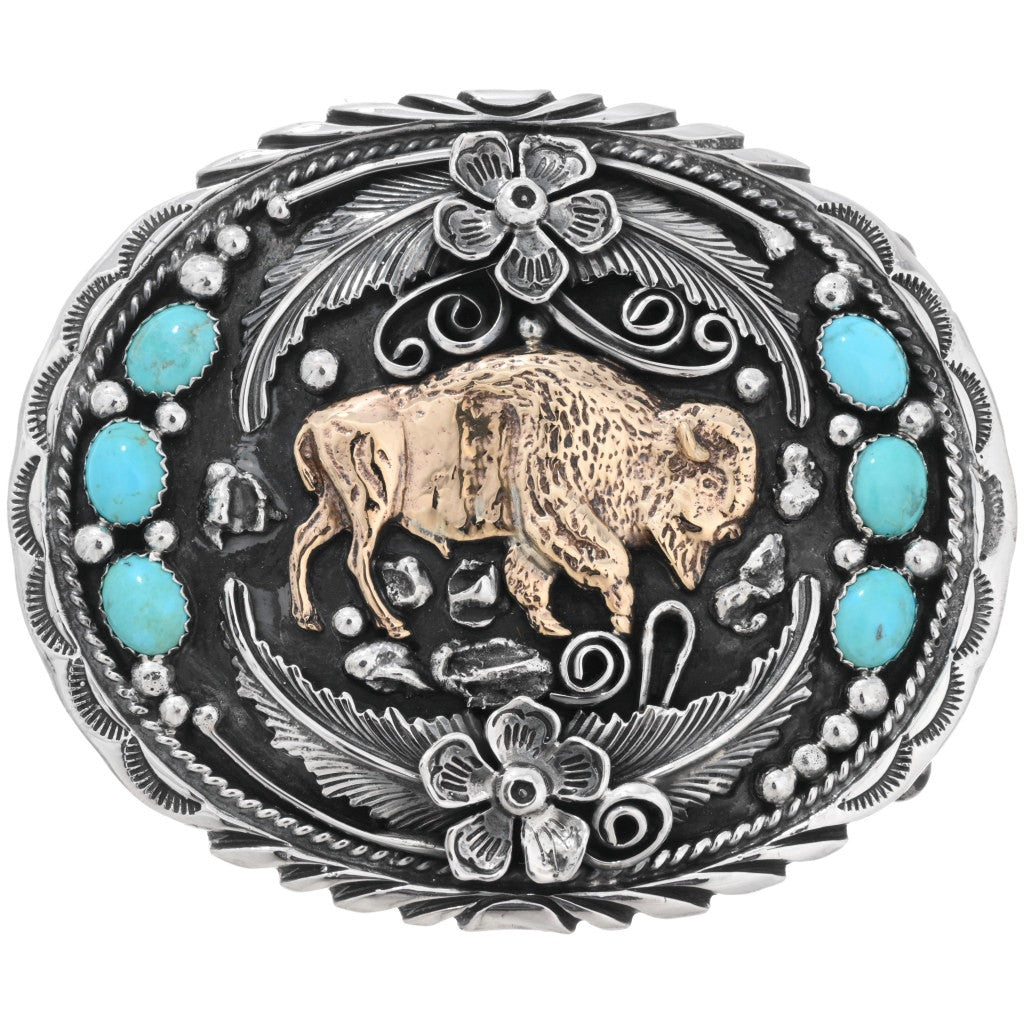 Navajo Handmade Sterling Silver + Turquoise Bison Belt Buckle