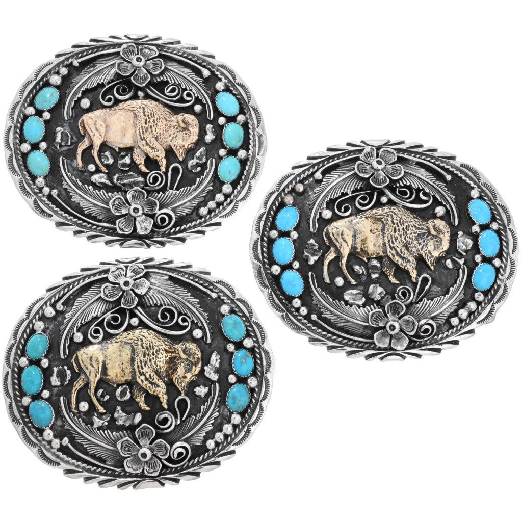 Navajo Handmade Sterling Silver + Turquoise Bison Belt Buckle