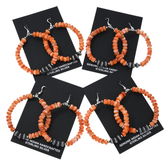 Orange Spiny and Sterling Beaded Hoop Earrings