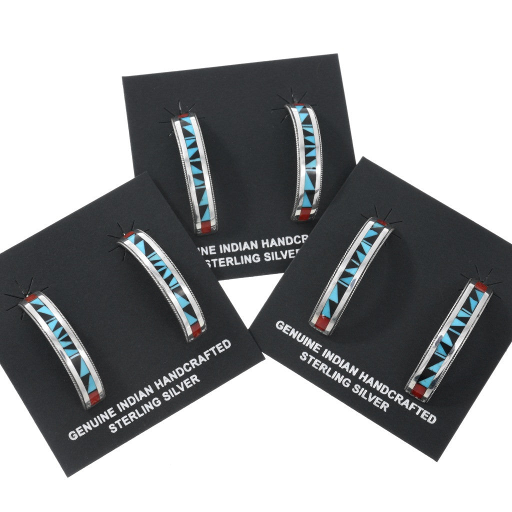 Zuni Stone on Stone Sterling Inlay Half Hoop Earrings