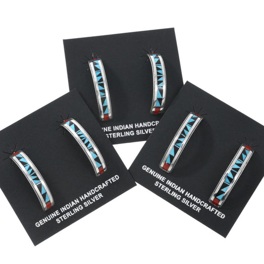 Zuni Stone on Stone Sterling Inlay Half Hoop Earrings