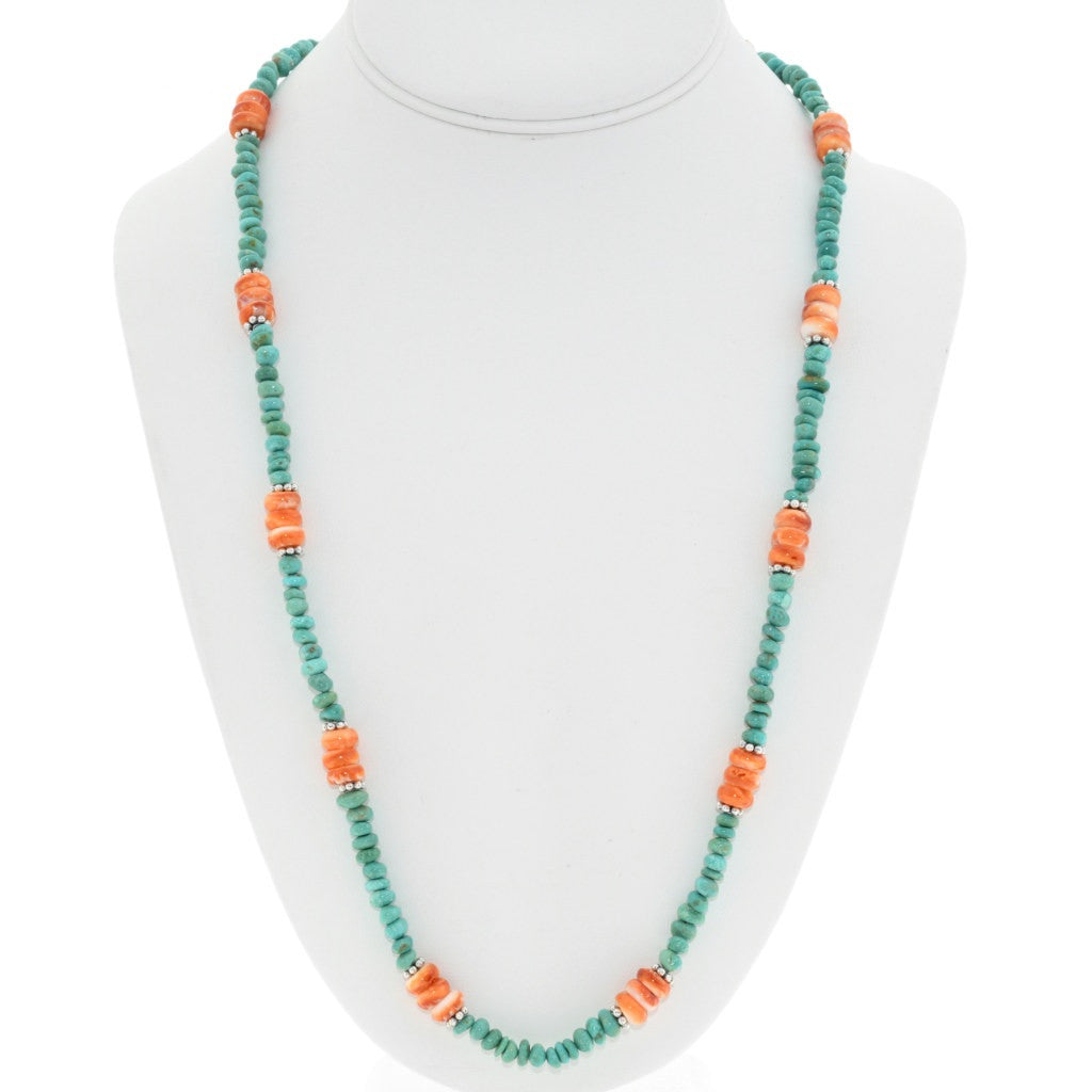 Orange Spiny + Turquoise Navajo Beaded Necklace