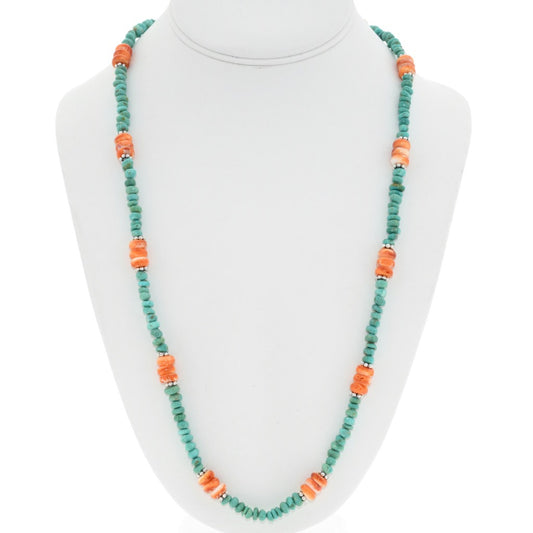 Orange Spiny + Turquoise Navajo Beaded Necklace