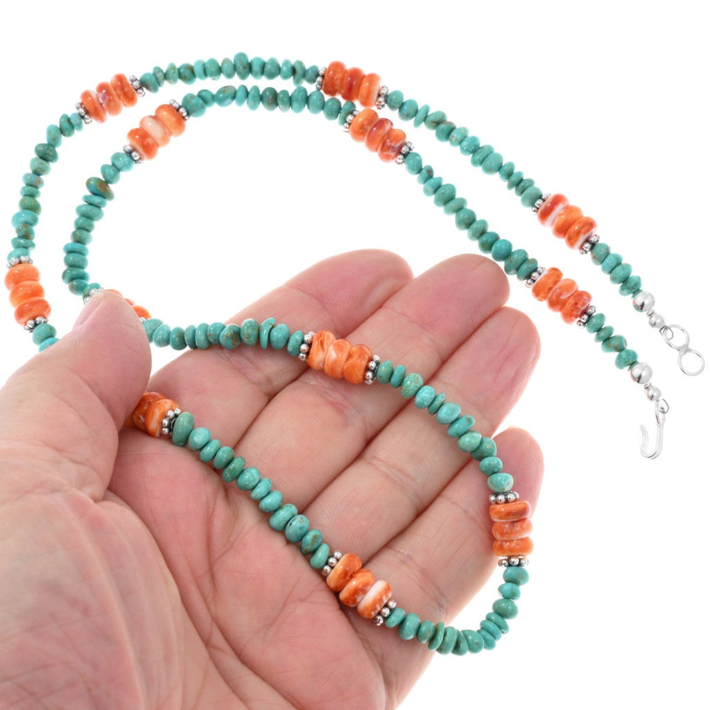 Orange Spiny + Turquoise Navajo Beaded Necklace