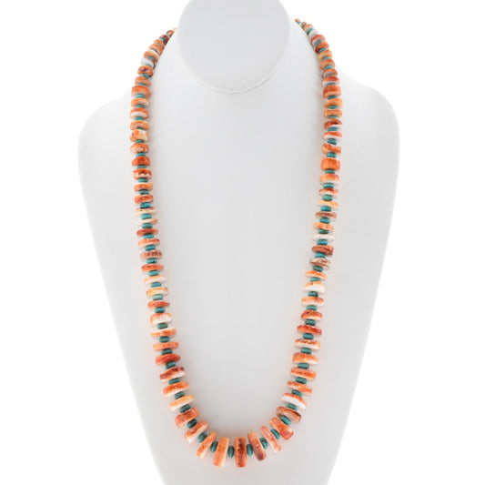 Orange Spiny + Turquoise Graduated Navajo Beaded Necklace