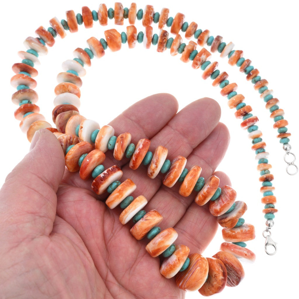 Orange Spiny + Turquoise Graduated Navajo Beaded Necklace