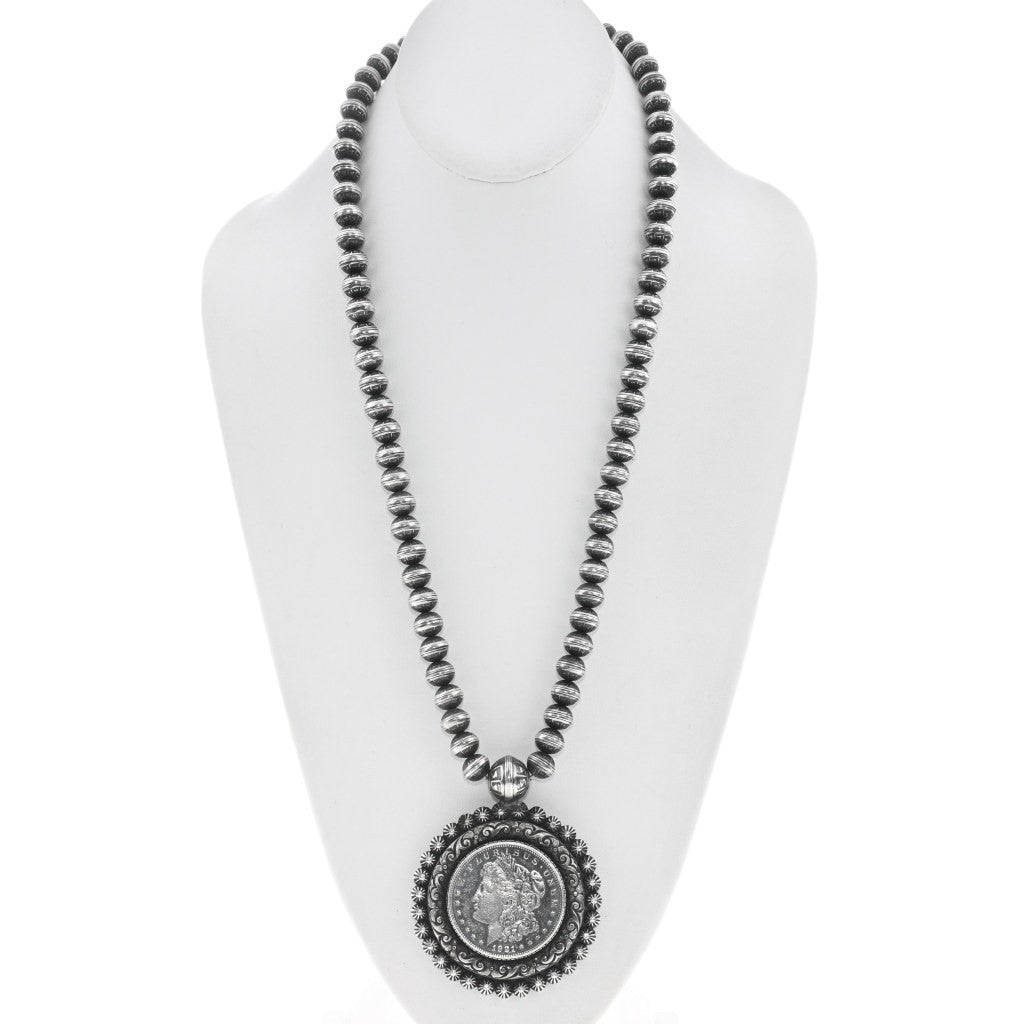 1970's Handmade Navajo Pearl and Morgan Dollar Necklace