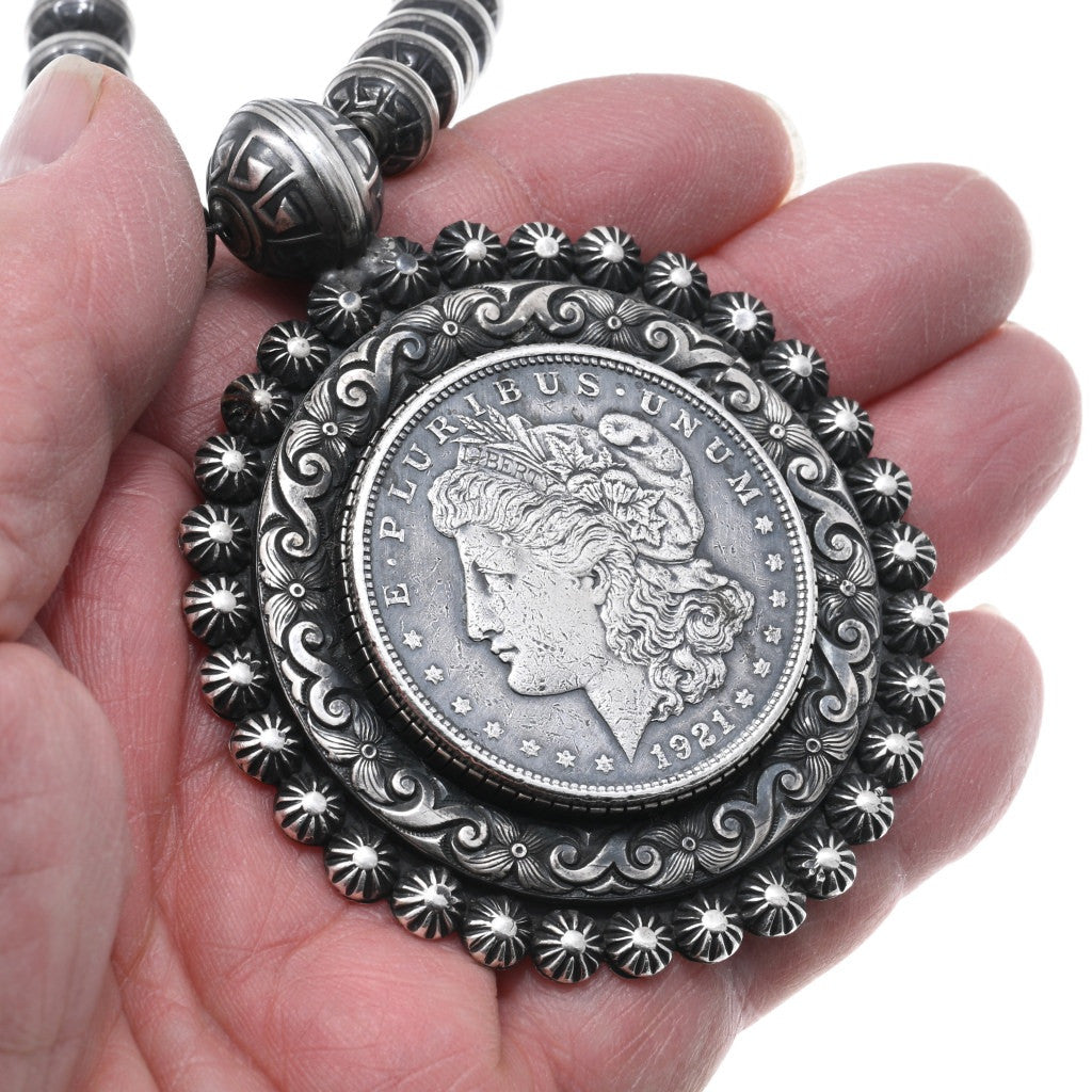 1970's Handmade Navajo Pearl and Morgan Dollar Necklace