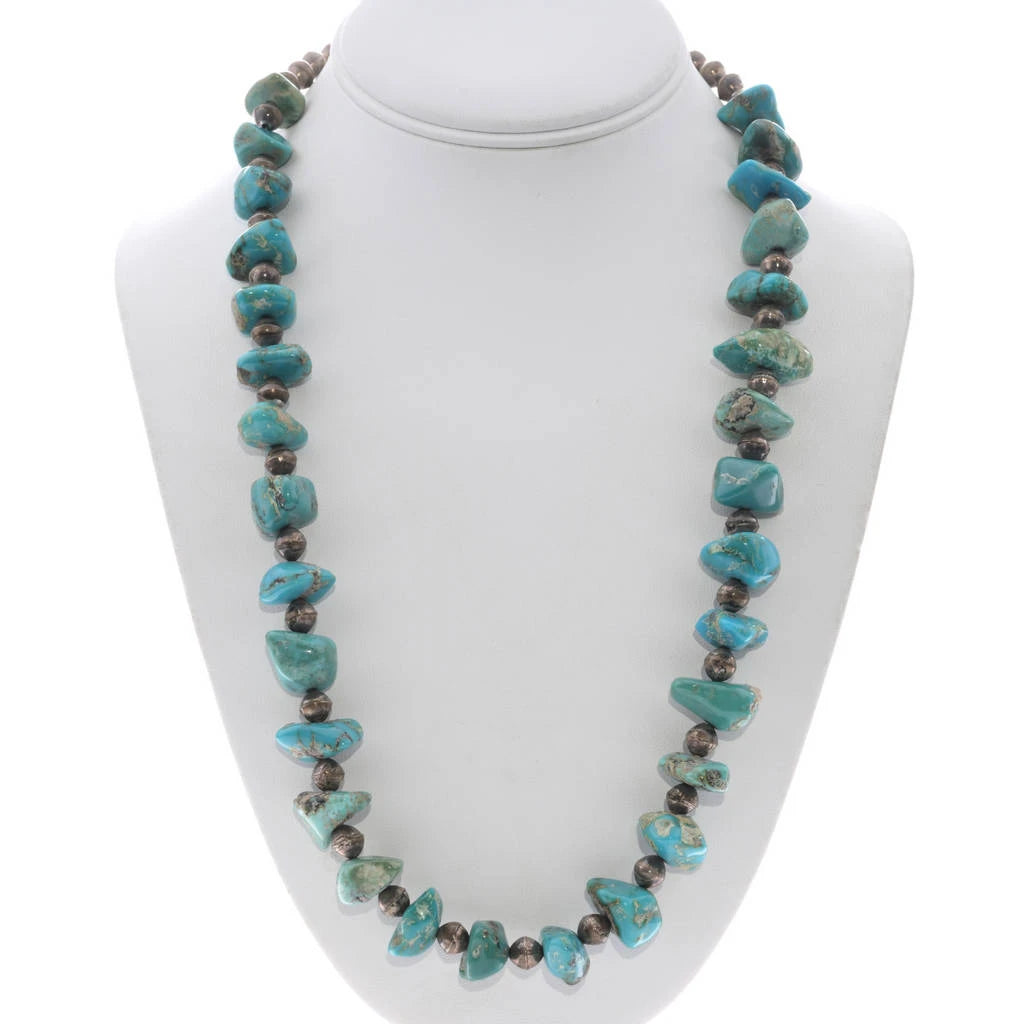 Vintage Turquoise and Sterling Silver Nugget Necklace- 25”