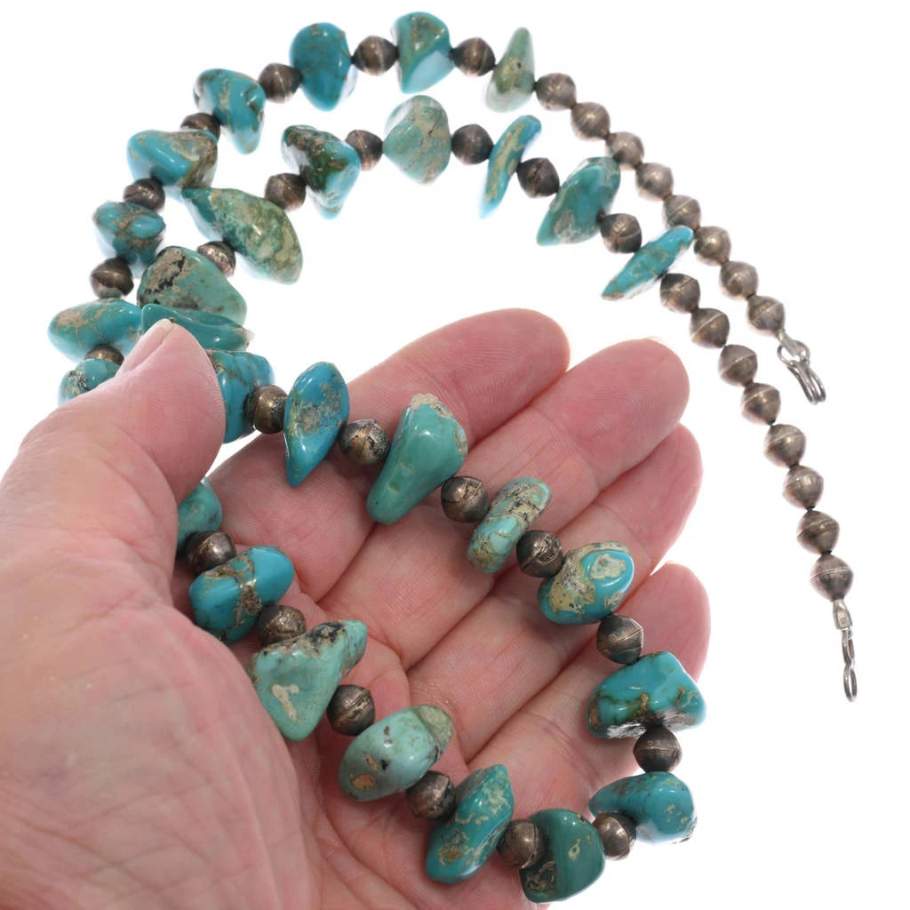 Vintage Turquoise and Sterling Silver Nugget Necklace- 25”