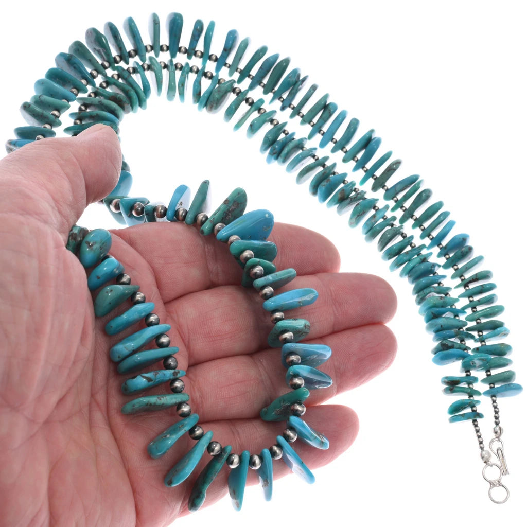 Navajo Flat Turquoise Disc + Sterling Beaded Necklace- 29”